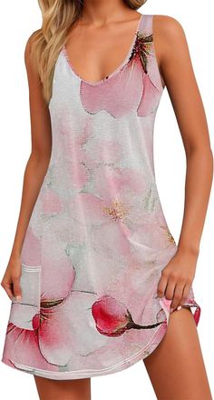 Generic Women Summer Strappy Floral Maxi Dress Pleated Hem Knee Length T-Shirt Dresses A Line Ruffled Sleeves Dresses Summer Beach Swing Dress/Pockets UK Pink