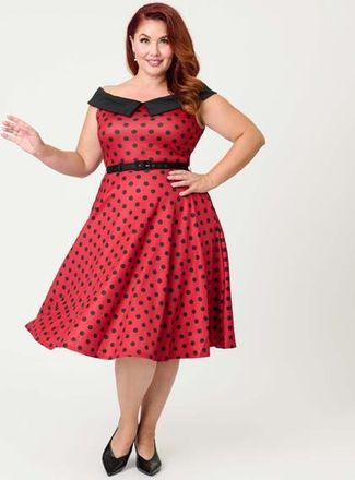 Unique Vintage Plus Size Off the Shoulder Swing Dress in Red And Black Dots at Nordstrom, Size 1X