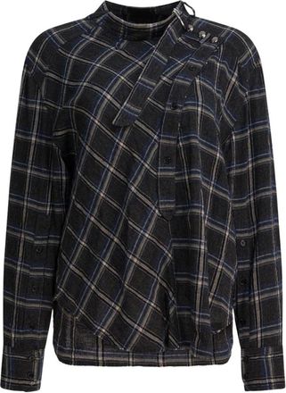 Isabel Marant Geruite asymmetrische blouse met knopen - Dames - Blouses - Blauw - S - Wol - Overhemden