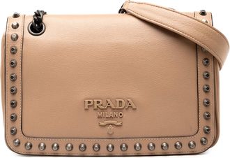 Prada Pre-owned Womens Glace Calfskin Studded Crossbody - Tan Leather - One Size