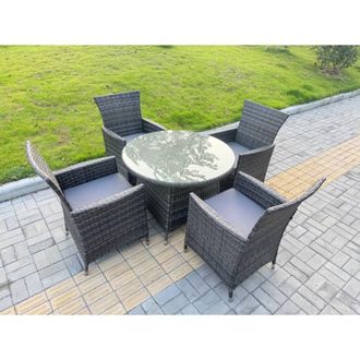 Fimous Rattan Garden Furniture 4 Seater Garden Big Round Table & Chairs in Dark Grey