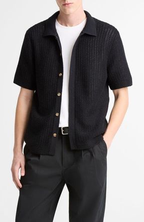 Vince Crochet Cotton Short Sleeve Button-Up Shirt in Black at Nordstrom, Size Xx-Large