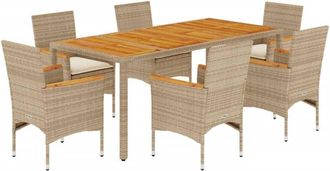 vidaXL Set De Comedor Jard&iacute;n 7 Pzas Con Cojines Rat&aacute;n Pe Acacia Beige Vidaxl