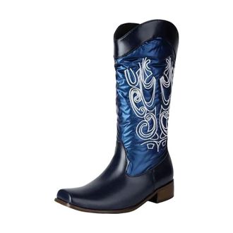 Generic Womens Fashion Western Boots Mid Calf Height Square Toe Medium Block Heel With Classic Embroidery Slip On Design