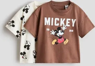H&M 2-pack Printed T-shirts in Brown/mickey Mouse at Nordstrom, Size 12-18M