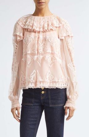 Ulla Johnson Ivy Floral Lace Embroidered Ruffle Tulle Top in Blush at Nordstrom, Size 10