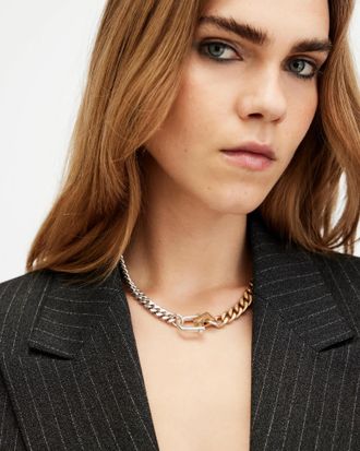AllSaints brass Riley Two Tone Necklace, Size: One Size