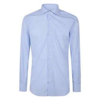 Barba Classic Popeline Bacchetta Spaziata Shirt - Heren - Zakelijke Overhemden - Blauw - L - Leer - Overhemden