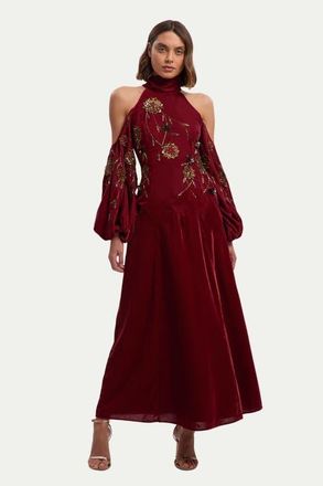 Karen Millen Velvet Embroidered High Neck Maxi Dress in Rust at Nordstrom, Size 10P