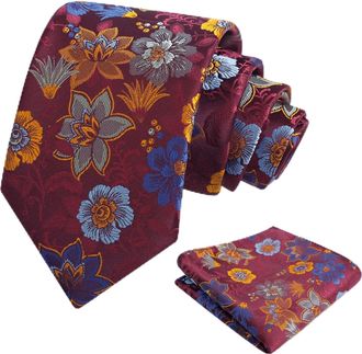 Alizeal Mens Flower Pattern Tie and Pocket Square Classic Casual for Party Wedding Necktie and Hanky Set, Burgundy+Orange