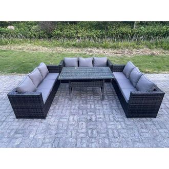 Fimous 9 Seater Outdoor Wicker Garden Furniture Rattan Lounge Sofa Set Patio Rectangular Dining Table Three Seater Sofa Dark Grey Mixed - Fimous