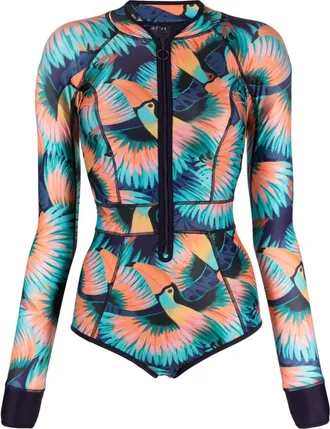 Duskii tucan-print zip-up swimsuit - women - Polyester/Spandex/Elastane/Recycled Polyester/Spandex/Elastane - S - Multicolour