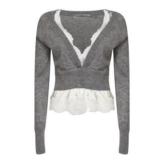 Ermanno Scervino Kort Cardigan met kanten afwerking - Dames - Cashmere truien - Grijs - XS - Satijn - Truien & Vesten