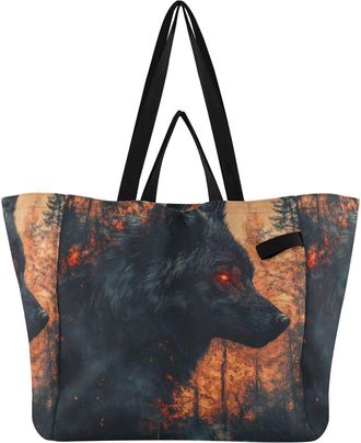 Generic Eyes Wolf Orange print Reusable Canvas Tote Bag, Heavy Duty Grocery Shopping Bag with Hard Bottom Double Handles Large Capacity Work Groceries Travel