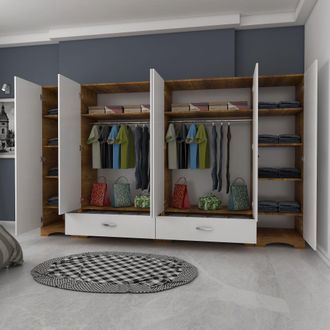 Dmora Armario Grande Madruzzo, Guarda Ropa Dormitorio 10 Estantes, 2 Cajones, Perchero, 243x181h Cm Blanco