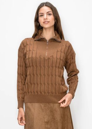 YAL New York Half Zip Knit Sweater in Brown