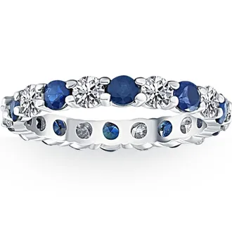 Pompeii3 3ct Blue Sapphire & Diamond Eternity Ring 14K White Gold Size Selectable
