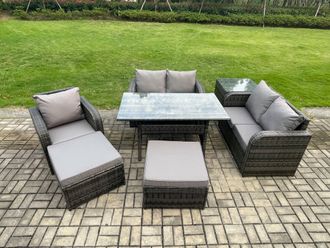 Fimous Lounge Rattan Sofa Set Outdoor Garden Furniture Oblong Rectangular Dining Table With Chairs 2 Big Footstool Side Table 7 Seater in Dark Grey