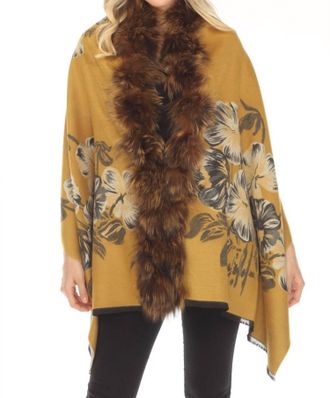 Belle Fare Real Silver Fox Trim Cashmere Blend Floral Wrap Cover-Up In Mustard
