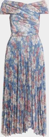 Talbot Runhof Off-The-Shoulder Metallic Floral Voile Pleated Midi Cocktail Dress