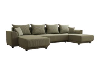 Vente-Unique Sof&aacute; cama rinconera panor&aacute;mico de pana verde kaki NESSARO