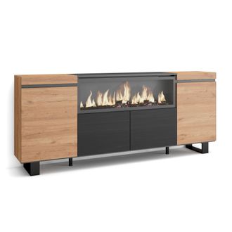 Skraut Home Aparadores Para Sal&oacute;n, Gran Capacidad De Almacenaje, 210, 4 Puertas, Chimenea El&eacute;ctrica Xxl, Dise&ntilde;o Industrial, Estilo Moderno, Roble Y Negro - Skraut