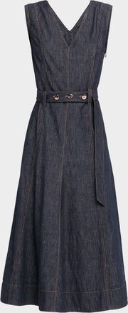 Brunello Cucinelli V-Neck Sleeveless Denim Belted Midi Dress