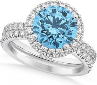 Allurez Blue Topaz & Diamond Round-Cut Halo Bridal Set 18K White Gold (3.27ct)