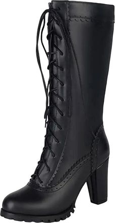 Generic Womens Mid Calf Boots Round Toe Super High Chunky Heel Platform With Side Zipper And Front Lace-Up Detail