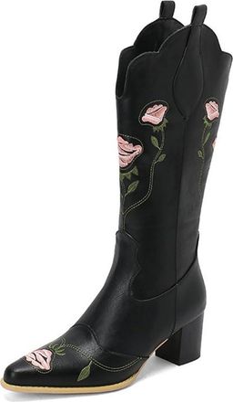 Generic Womens Pointed Toe Chunky Heel V-Cut Pull On Knee High Boots with Embroidered Floral Caual Western Cowgirl Shoes (Black,7.5)