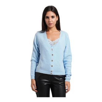 Fracomina Truien & Vesten, Dames, Blauw, S, Satijn, Cardigan met satijnen lingerie-top met kant