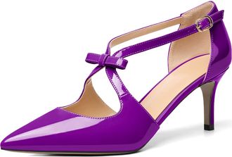 elashe Women Pointy Stiletto Heel Pumps Buckle Bowknot Heeled Shoes Purple EU40