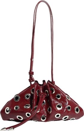 Generic Women Drawstring Sling Bag Rivet Hollow Shoulder Bag Bucket Handbag (Wine Red)