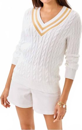 Lilly Pulitzer Brockton V Neck Sweater In Resort White X Wicker Tan Metallic Tipping