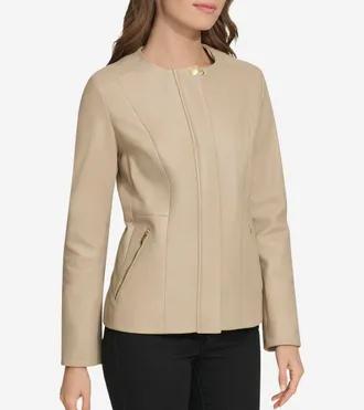 Cole Haan Womens Collarless Leather Jacket - Beige Size Medium