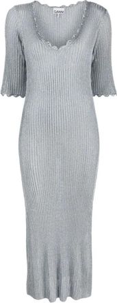 Ganni Grijze Metallic Gebreide Maxi Jurk - Dames - Kleedjes - Grijs - L - Polyester - Kleedjes