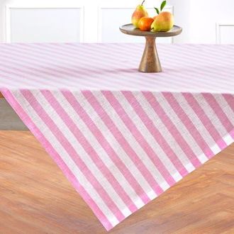 Solino Home Linen Table Throw 52 x 52 Inch for Dining Table, Holiday and Everyday Table Decor - Sorrento Stripe in Chateau Rose And White at