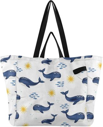 Generic Underwater Whales Fish White print Reusable Canvas Tote Bag, Heavy Duty Grocery Shopping Bag with Hard Bottom Double Handles Large Capacity Work Groce