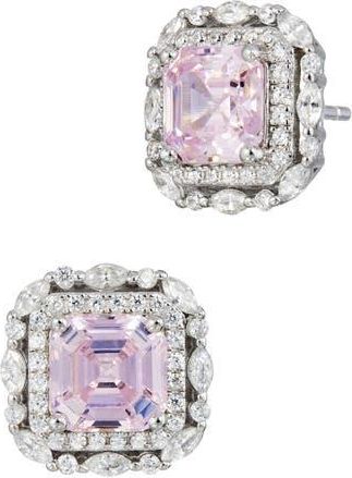 Savvy Cie Jewels Asscher Cut Cubic Zirconia Double Halo Stud Earrings in Fancy Pink at Nordstrom Rack