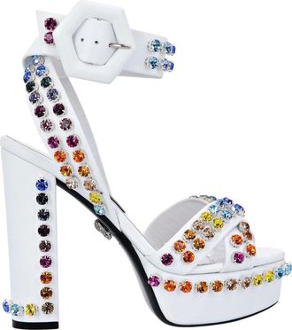 Philipp Plein Schoenen, Dames, Wit, 38 EU, Leer, Sandalen met Hoge Hakken en Kristallen