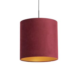 QAZQA R&uacute;stico L&aacute;mpara Colgante Con Pantalla De Terciopelo Rojo Con Dorado 40 Cm - Combi Textil /acero Cil&iacute;ndra /alargada /redonda Adecuado Para Led Max. 1 X