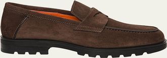 Santoni Mens Suede Lug-Sole Penny Loafers