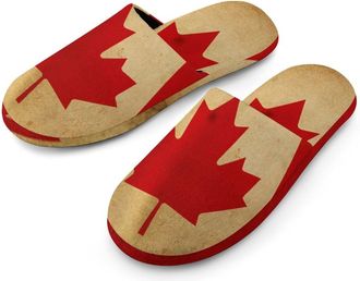 Generic Vintage Canada Flag Flannel Mens Slip-on Slippers Winter Warm House Shoes with Rubber Sole for Home Hotel