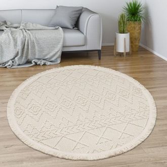 Paco Home Paco Home Alfombra Salon De Habitacion Pelo Corto Boho Chic Dibujo Geometrico Con Flecos &Oslash; 160 Cm Redon, Crema 4