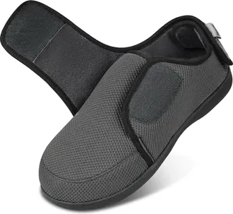 Garonne Mens Diabetic Wide Adjustable Slippers with Memory Foam and Non-Slip Indoor Outdoor Sole, Navy Grey, 10.5 UK