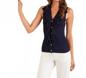 Karen Kane Sleeveless Ruffle V-Neck Sweater In Navy