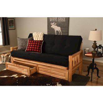 Kodiak Lodge Frame-Natural Finish-Suede Black Mattress-Storage Drawers