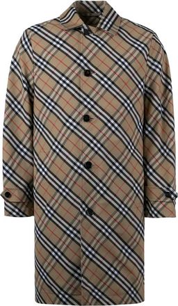Burberry Jassen, Heren, Beige, M, Polyester, Geruite Auto Jas met Rugsplit