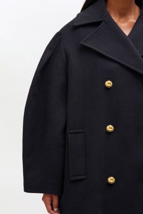 Ganni Navy Dark Blue Wool Oversized Midi Peacoat