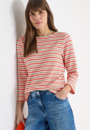 Cecil 3/4 Arm-Pullover CECIL, Damen, Gr. XXL (46), cherry tomato orange, Strick, Obermaterial: 65% Polyester, 30% Viskose, 5% Elasthan, gestreift, bequem h&uuml;